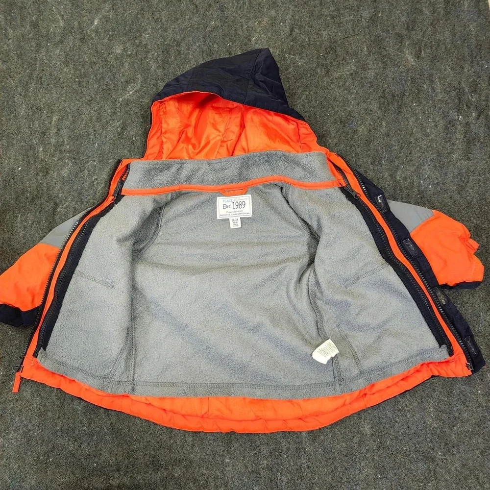 The Childrens Place Boys Orange Navy Puffer Jacket Hooded Fleece Lined 18-24M